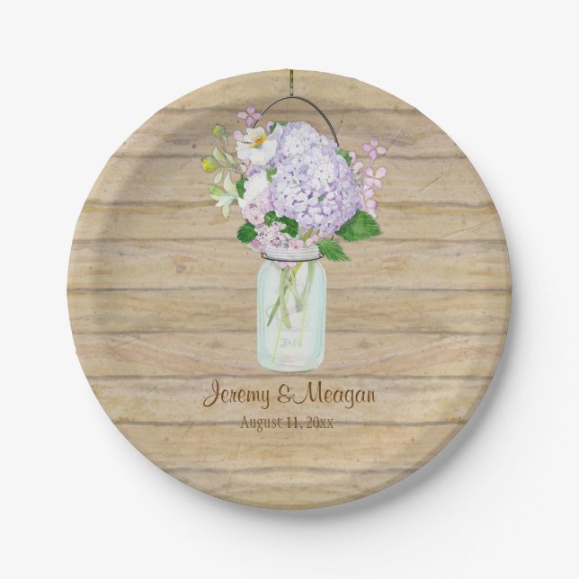 Rustic Wood Wooden Barn Fence Hydrangea Mason Jar Paper Plate (Front)