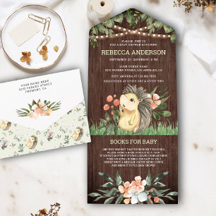 Rustic Wood Woodland Cute Hedgehog Baby Shower All In One Invitation