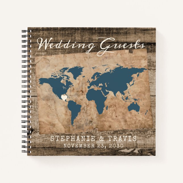 Rustic Wood World Map Beach Destination Guest Book (Front)