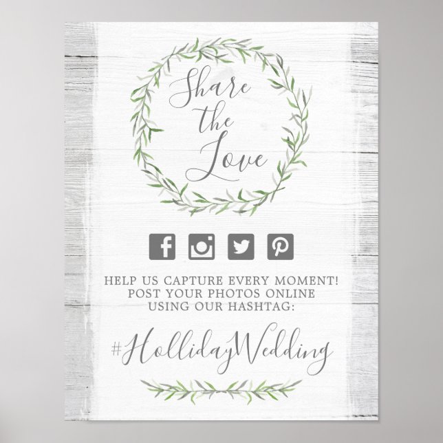 Rustic Wood & Wreath Wedding Hashtag Photo Sign (Front)
