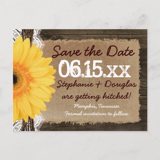 Rustic Wood Yellow Daisy Save the Date Postcards (Front)