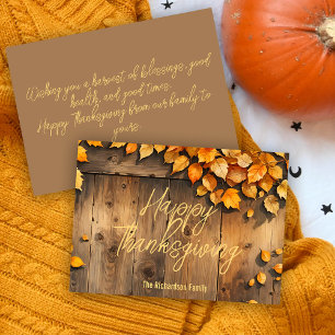 Rustic Wood Yellow Fall Leaves Family Thanksgiving Holiday Card