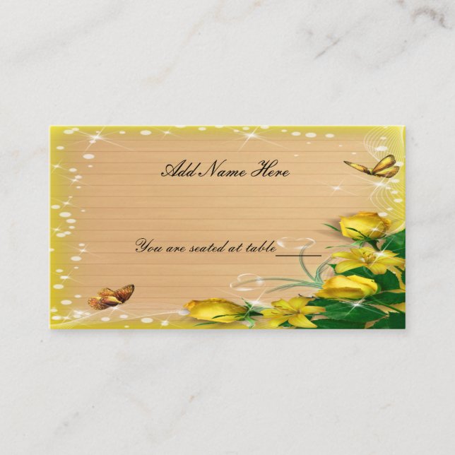 Rustic Wood Yellow Floral Butterfly Table Place Card (Front)