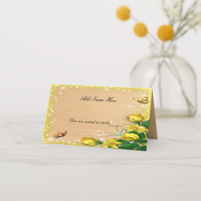 Rustic Wood Yellow Floral Butterfly Table Place Card (Front)