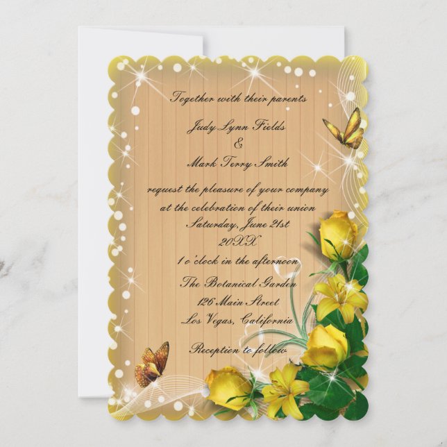 Rustic Wood Yellow Floral Butterfly Wedding Invitation (Front)