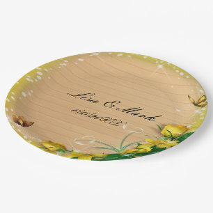 Rustic Wood Yellow Floral Butterfly Wedding Paper Plate