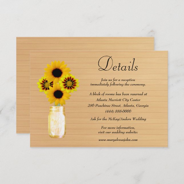 Rustic Wood Yellow Floral Mason Jar Wedding Detail Enclosure Card (Front/Back)