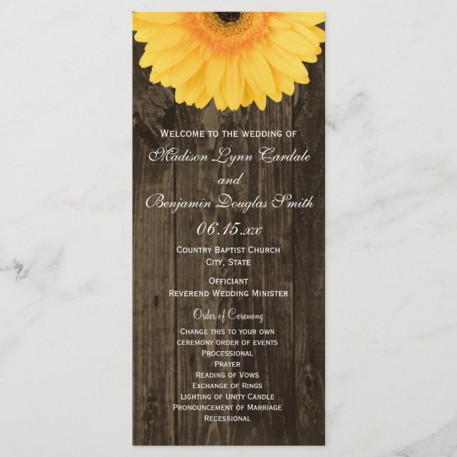 Rustic Wood Yellow Gerber Daisy Wedding Programs (Front)
