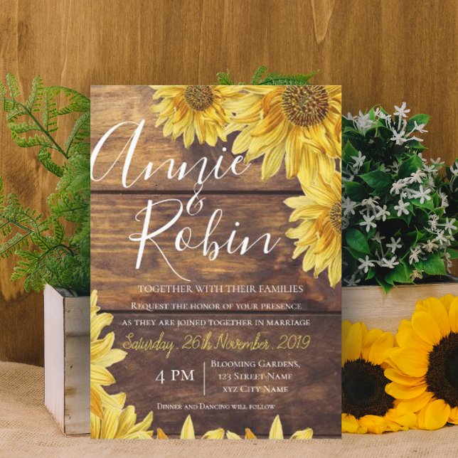 Rustic Wood Yellow Sunflower Country Wedding Invitation (Creator Uploaded)