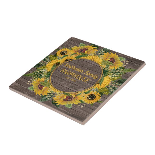 Rustic Wood Yellow Sunflowers Family Farmhouse  Ceramic Tile (Side)