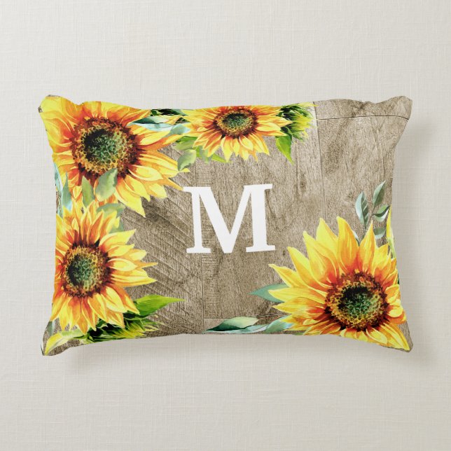 Rustic Wood Yellow Sunflowers Monogram Initial Decorative Cushion (Front)