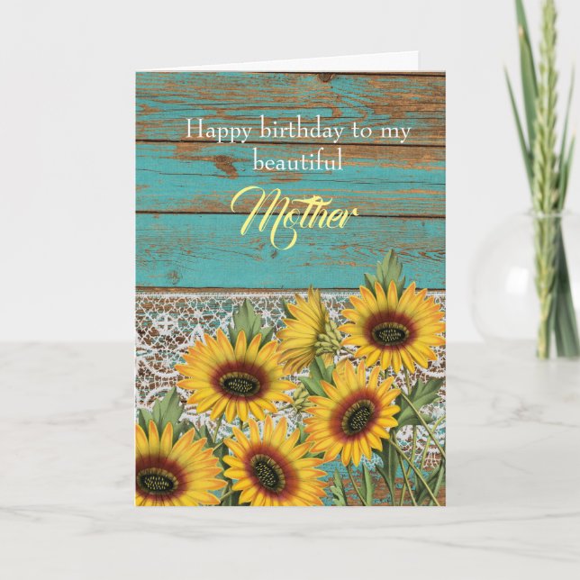 Rustic Wood Yellow Sunflowers Mother Birthday Card (Front)