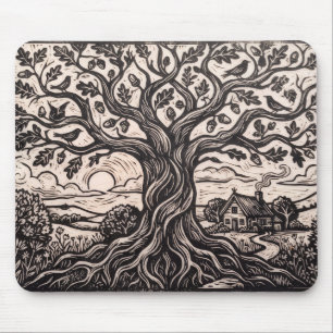 Rustic Woodcut Oak Tree Cottage Mousepad