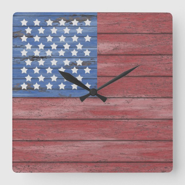 Rustic Wooden Barn Wall American Flag Patriotic Square Wall Clock (Front)