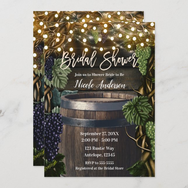 Rustic Wooden Barrel Grape Vines Bridal Shower Invitation (Front/Back)