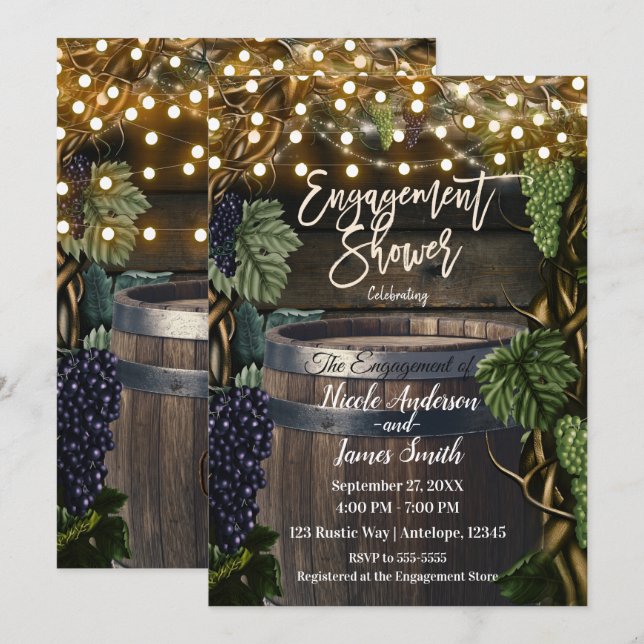Rustic Wooden Barrel Grape Vines Engagement Shower Invitation (Front/Back)