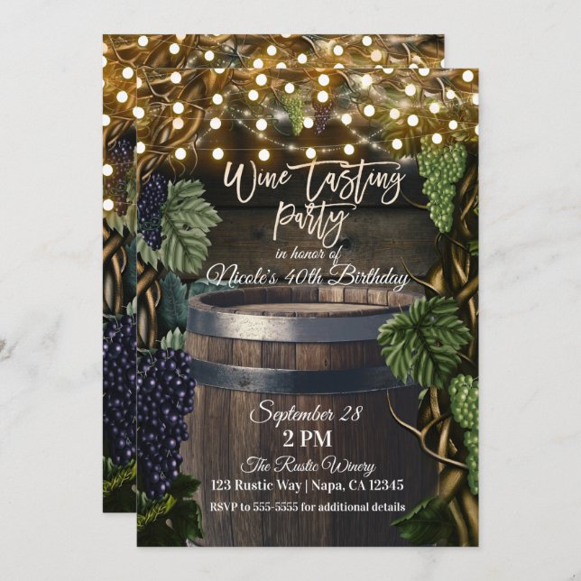 Rustic Wooden Barrel Grapes Wine Tasting Party Invitation (Front/Back)
