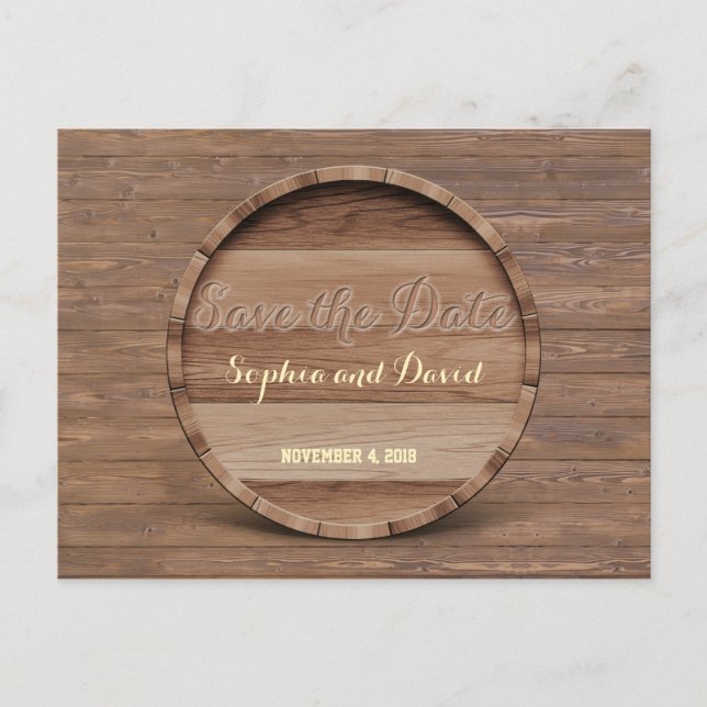 Rustic Wooden Barrel Wedding Carved SAVE THE DATE Announcement Postcard (Front)