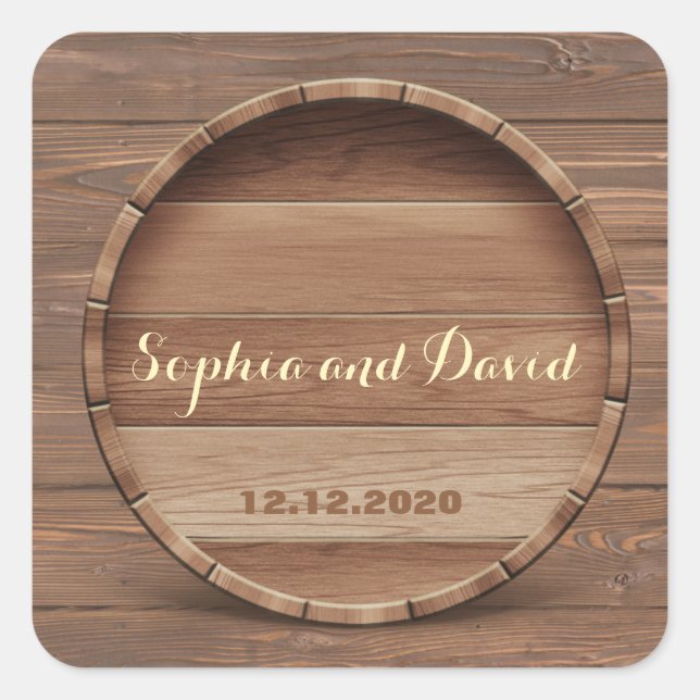 Rustic Wooden Barrel Wedding Custom Square Sticker (Front)