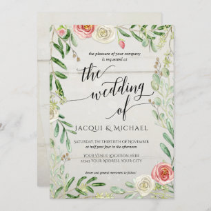 Rustic Wooden Blush and Ivory Roses Floral Wedding Invitation
