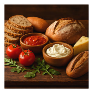 Rustic wooden board with artisan breads cheese photo print