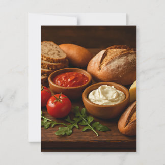 Rustic wooden board with artisan breads cheese postcard