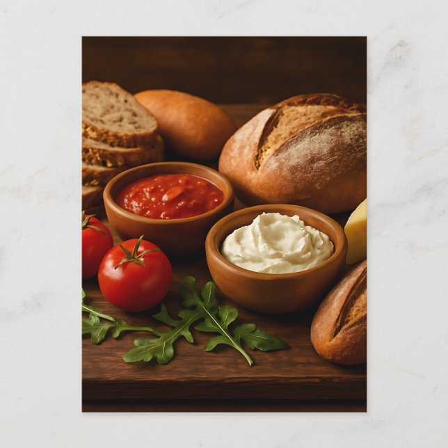 Rustic wooden board with artisan breads cheese postcard (Front)