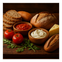 Rustic wooden board with artisan breads cheese