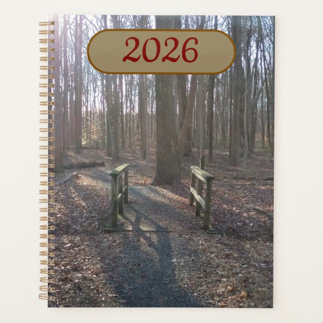 Rustic Wooden Bridge Amidst Tall Trees Planner (Front)