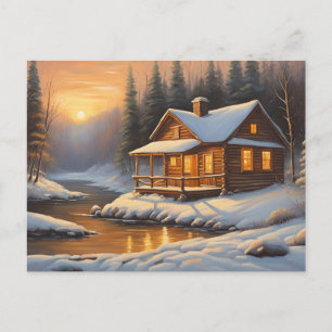 Rustic Wooden Cabin in the Winter Forest Postcard