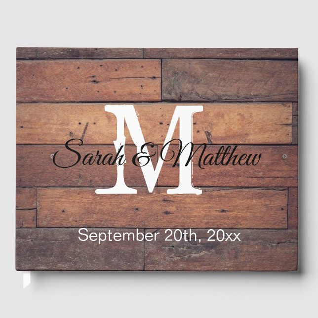 Rustic Wooden Country Farmhouse Wedding Monogram Guest Book (Front)