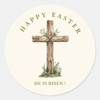 Rustic Wooden Cross He is risen Easter Classic Round Sticker