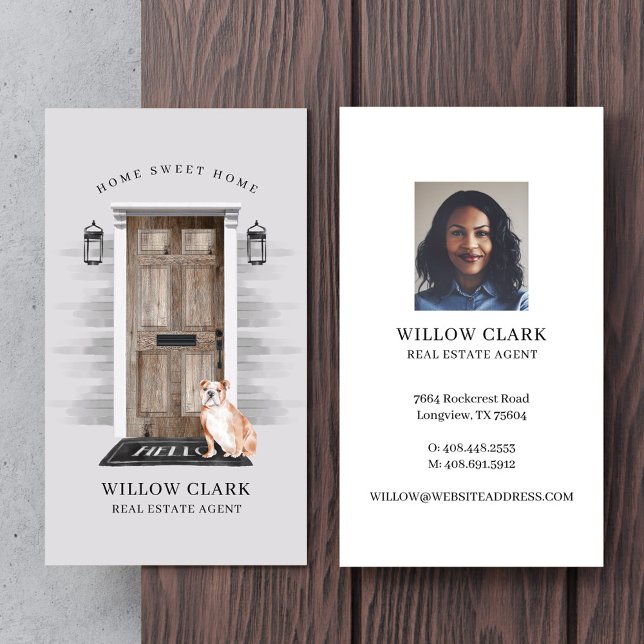Rustic Wooden Door Real Estate English Bulldog Business Card (Creator Uploaded)