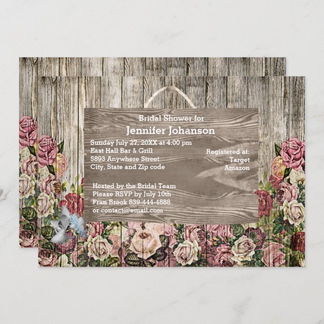 Rustic Wooden Fence Painted Roses Bridal Shower Invitation (Front/Back)