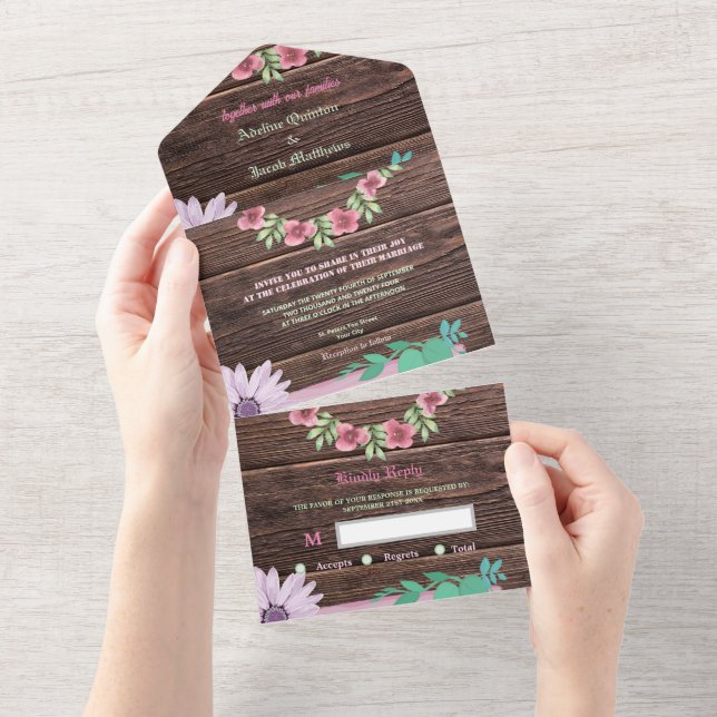 Rustic wooden floral Script  All In One Invitation (Tearaway)