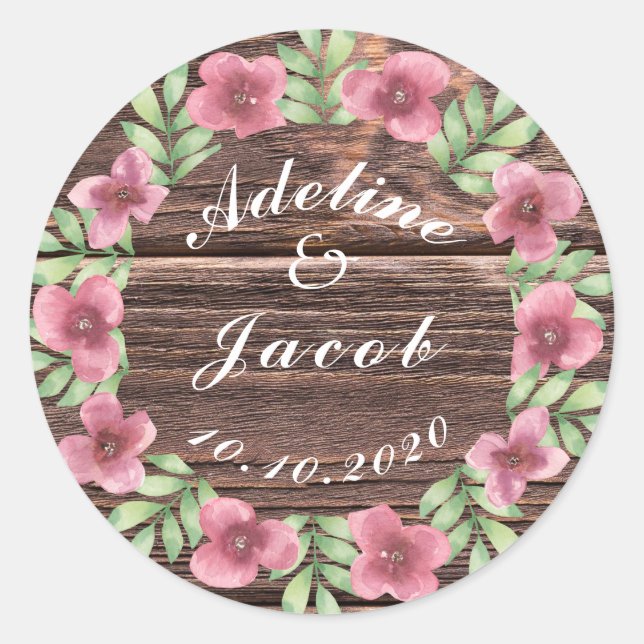 Rustic wooden floral script wedding stickers (Front)