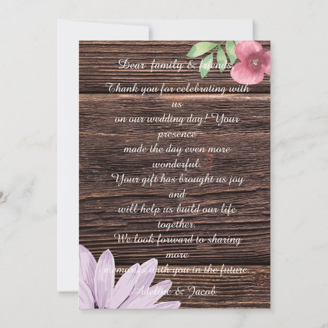 Rustic Wooden floral Script Wedding Thankyou Card (Back)