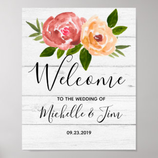 Rustic wooden floral wedding welcome sigh poster