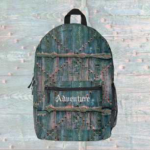 Rustic wooden gate and iron in blue, personalised printed backpack