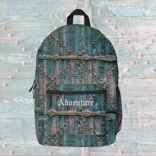 Rustic wooden gate and iron in blue, personalised  printed backpack (Creator Uploaded)