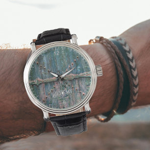 Rustic wooden gate and iron in blue, personalised  watch
