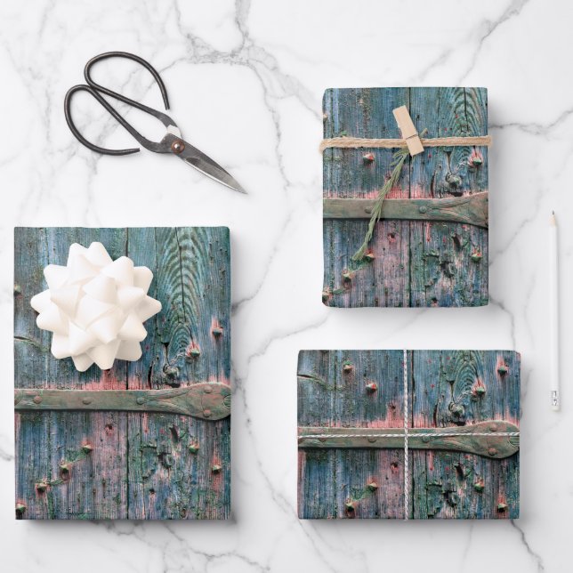 Rustic wooden gate and iron in blue wrapping paper sheet (Front)