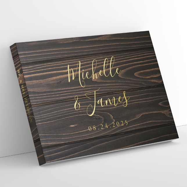 Rustic Wooden Gold Foil Wedding Guest Book (Personalized Rustic Wooden Gold Foil Wedding Guest Book)