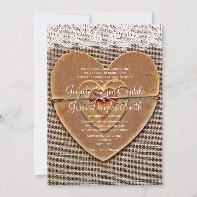 Rustic Wooden Heart Burlap Lace Wedding Invitation (Front)