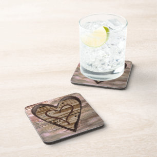 Rustic wooden hearts love sign cork coasters