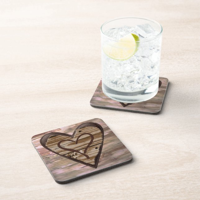 Rustic wooden hearts love sign cork coasters (Right Side)
