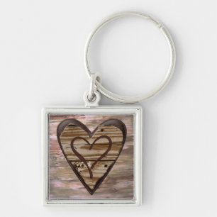 Rustic wooden hearts love sign keychain