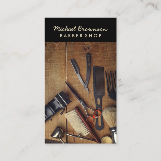 Rustic Wooden Hipster Style Retro Barber Shop Business Card (Front)