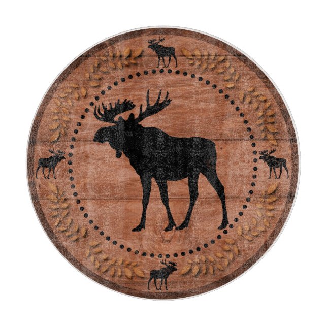 Rustic wooden moose circle glass cutting board (Front)
