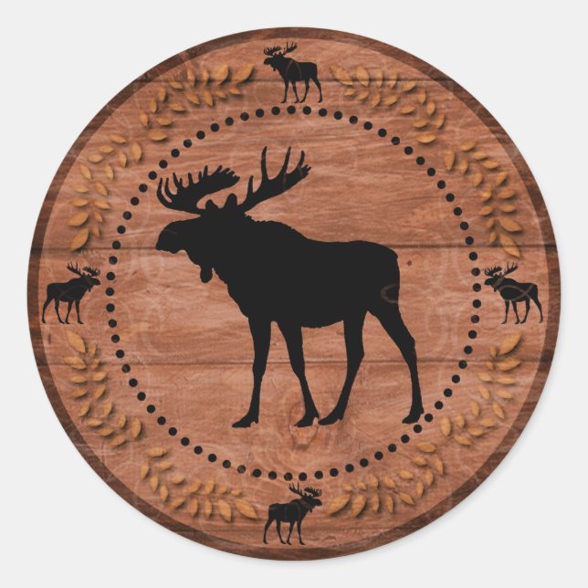 Rustic wooden moose circle stickers (Front)